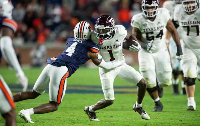 Texas A&M Aggies wide receiver Evan Stewart runs after the catch against the Auburn Tigers.